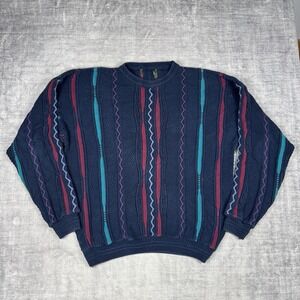 Tosani Canada Sweater Mens XL Blue Geometric 3D Knit Vtg 90s Hip Hop Biggie Dad